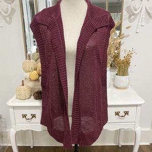 Lafayette 148 NY Burgundy Open-Knit Cardigan Hemp Buttons Sz M Ribbed Knitwear